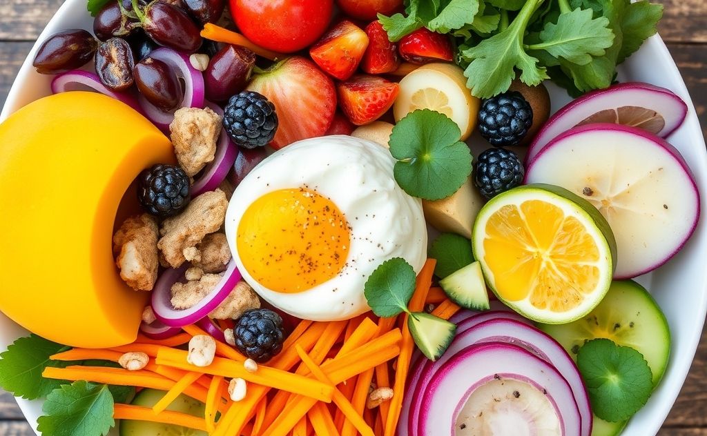 A vibrant plate of colorful, healthy foods showcasing energy-boosting ingredients.