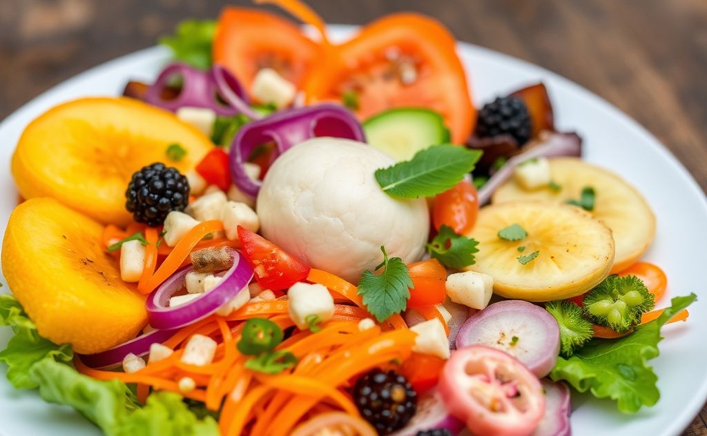 A vibrant plate of colorful, nutritious foods arranged artfully.