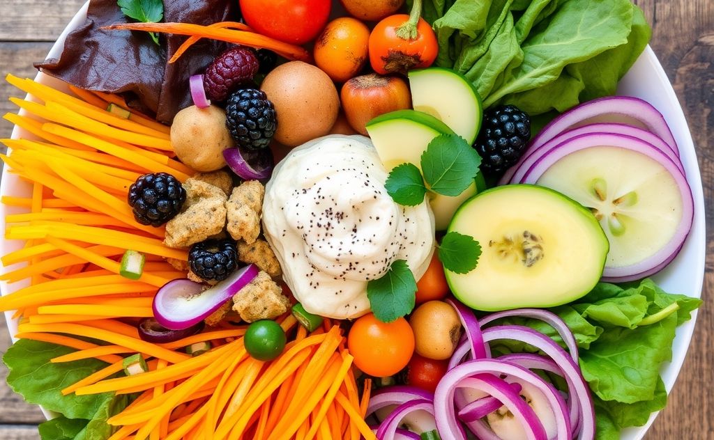 A vibrant plate of colorful, plant-based foods arranged in harmony.