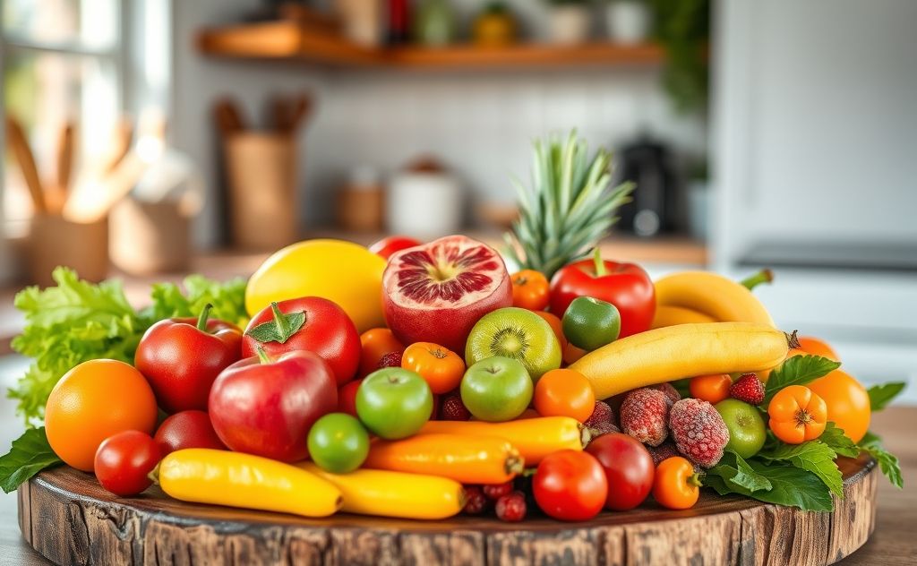 A vibrant plate of fresh fruits and vegetables showcasing healthy eating.