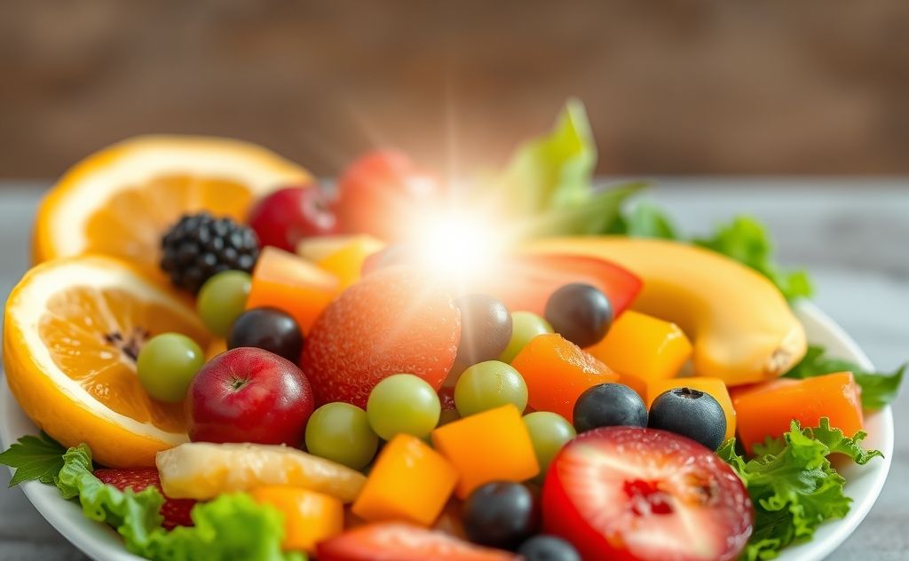 A vibrant plate of fresh fruits and vegetables with a glowing crown chakra.