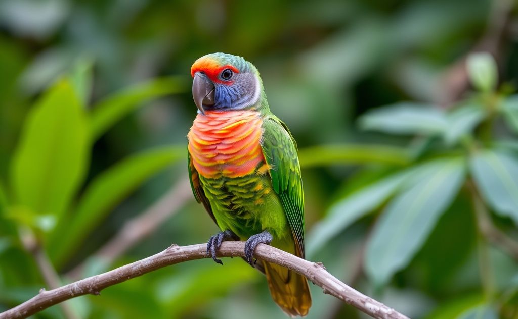 A vibrant quaker parrot perched on a branch in a lush environment.
