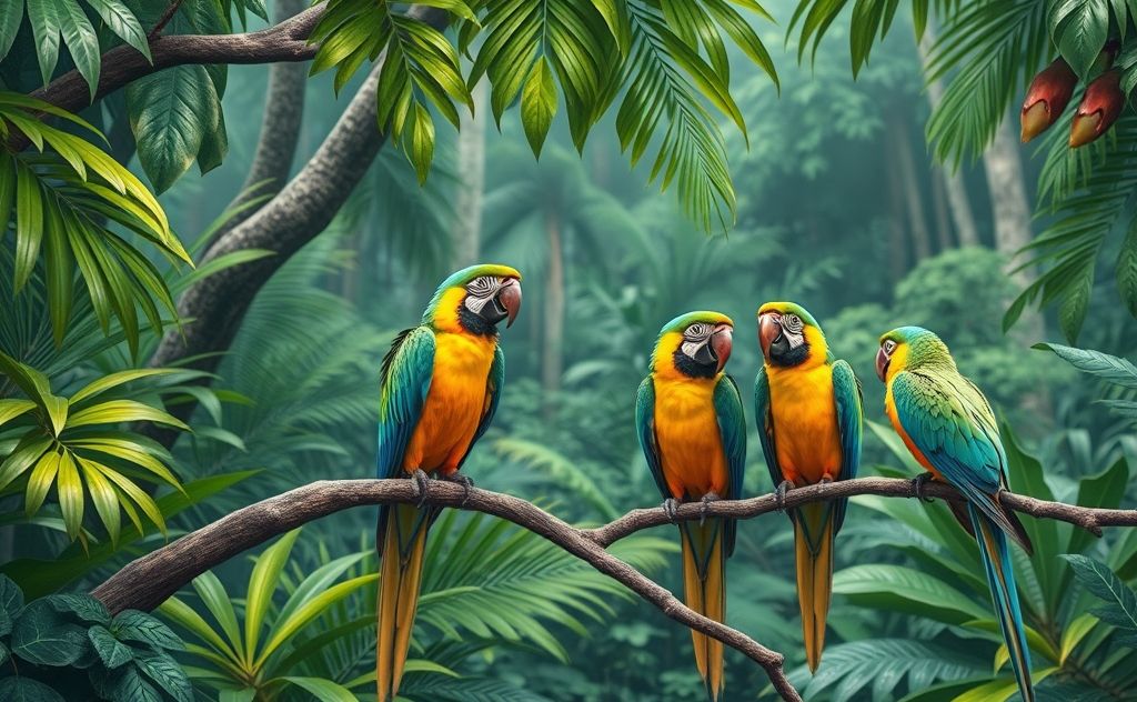 A vibrant rainforest scene with colorful parrots perched on branches.