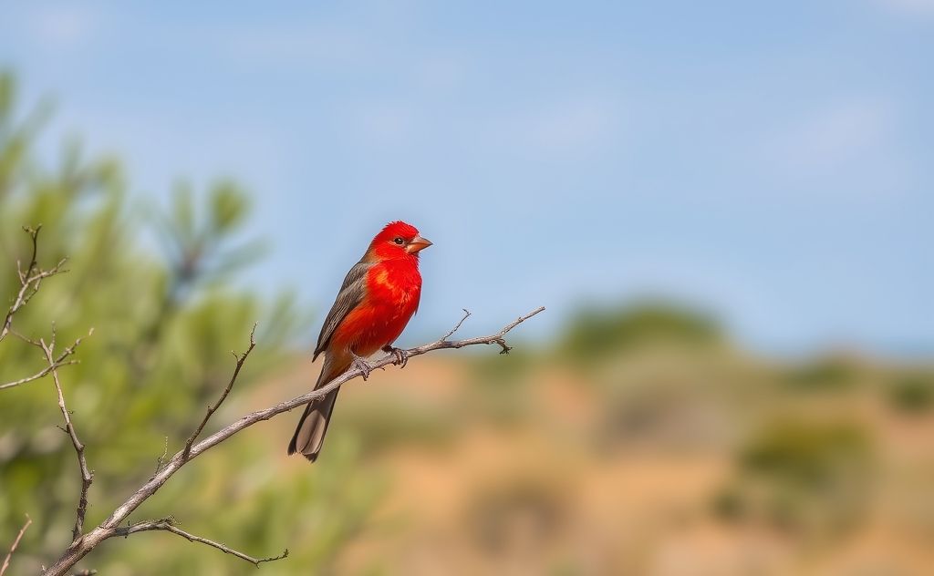 A vibrant red bird perched on a branch in a Texas landscape.