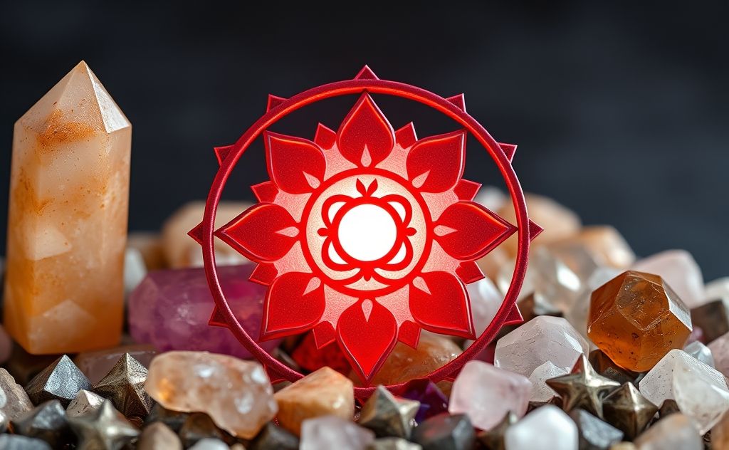 A vibrant red root chakra symbol surrounded by healing crystals.