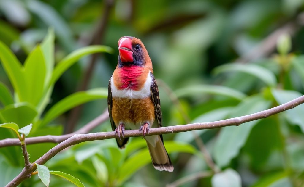 A vibrant red-beaked bird perched on a branch in a lush environment.