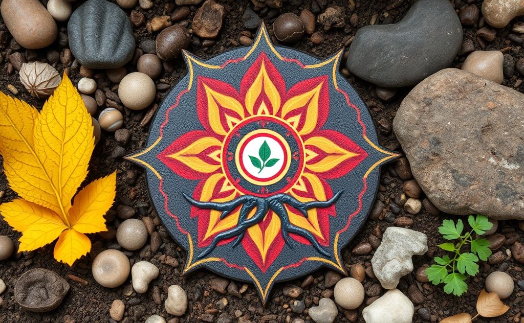 A vibrant root chakra symbol surrounded by earthy elements.