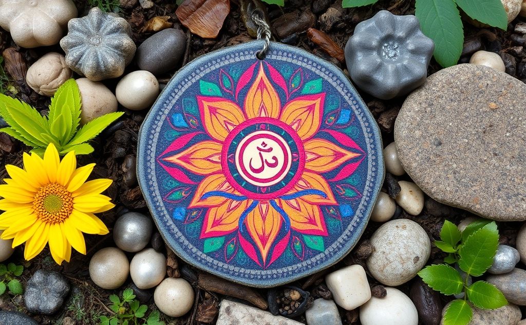 A vibrant root chakra symbol surrounded by natural elements.