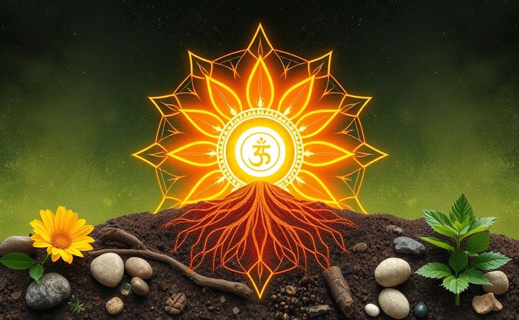 A vibrant root chakra symbol surrounded by nourishing earth elements.