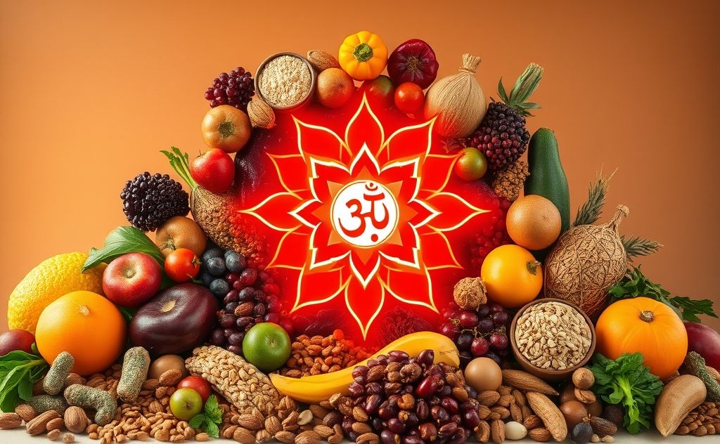 A vibrant root chakra symbol surrounded by nourishing foods.