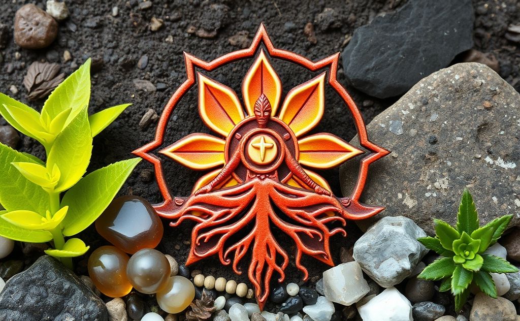 A vibrant root chakra symbol surrounded by nourishing plants and minerals.