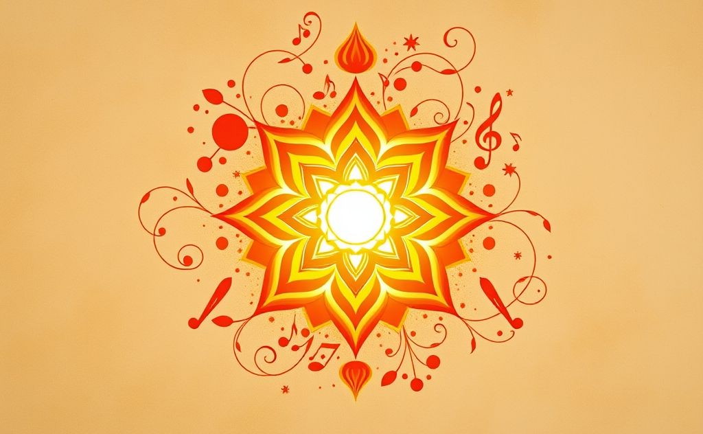 A vibrant sacral chakra symbol surrounded by creative elements.