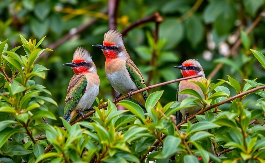 A vibrant scene of African silverbills perched among lush foliage.