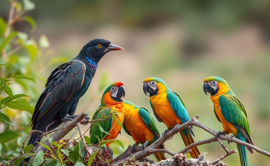 A vibrant scene of corvids and parrots interacting in nature.
