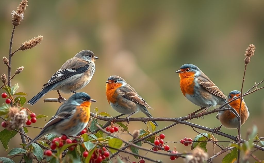A vibrant scene of finches and robins in their natural habitats.
