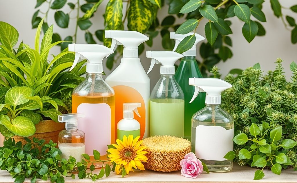 A vibrant scene of natural cleaning supplies and green plants.