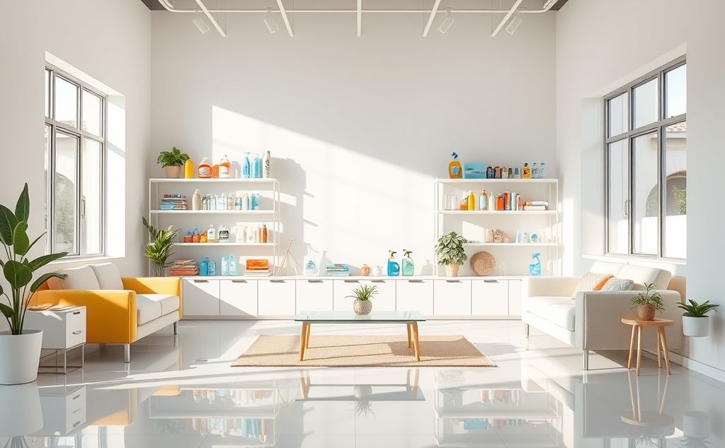 A vibrant scene of organized cleaning supplies and a tidy room.