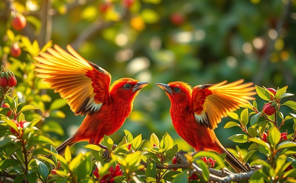 A vibrant scene of red avadavat finches showcasing courtship displays.