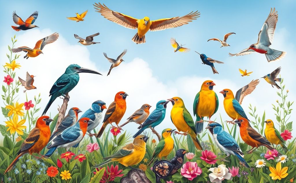 A vibrant scene of various birds starting with the letter S in nature.