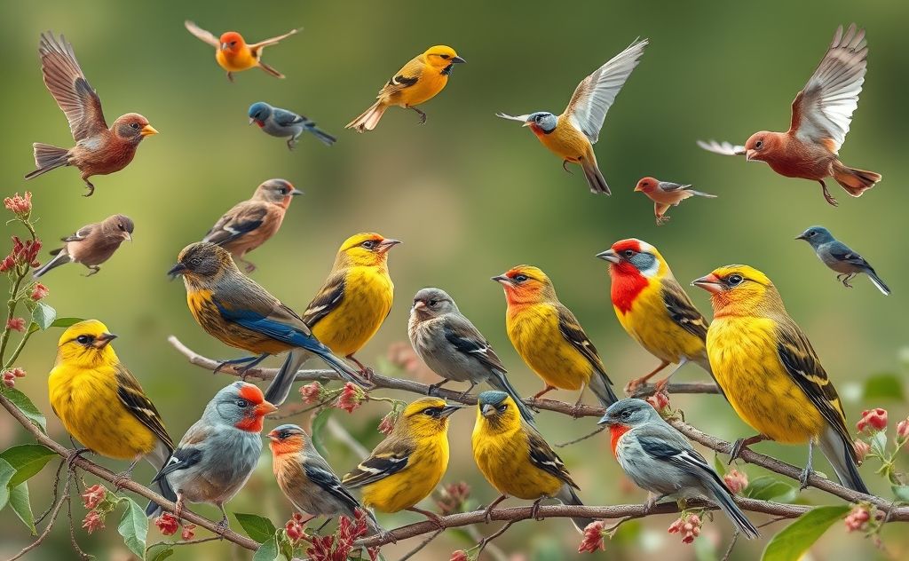 A vibrant scene of various finch species in their natural habitats.