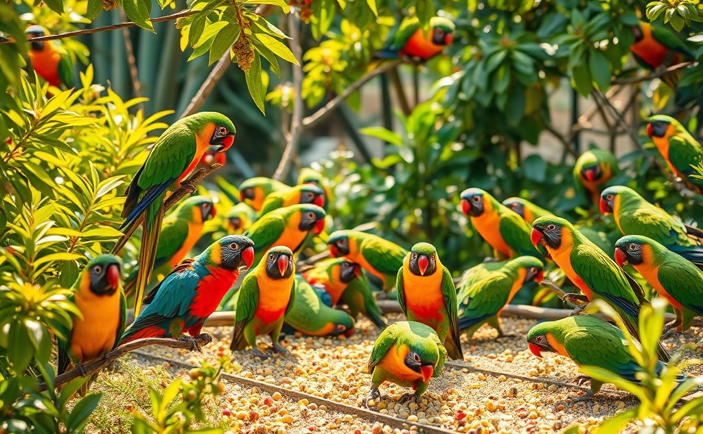 A vibrant scene of wild parrots in a garden with scattered seeds.