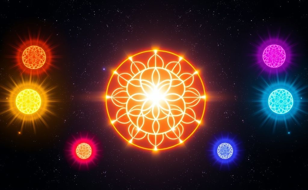 A vibrant seed of life symbol surrounded by colorful chakra orbs.