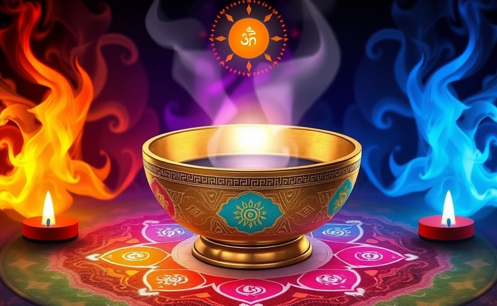 A vibrant singing bowl surrounded by colorful chakra symbols.