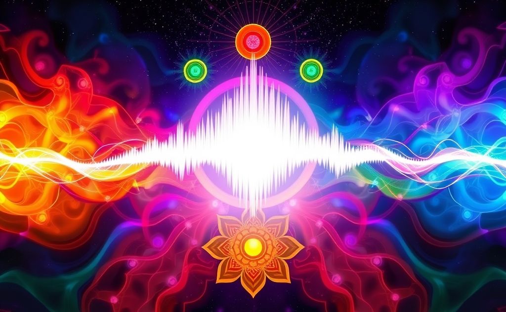 A vibrant soundwave surrounded by colorful chakra symbols.