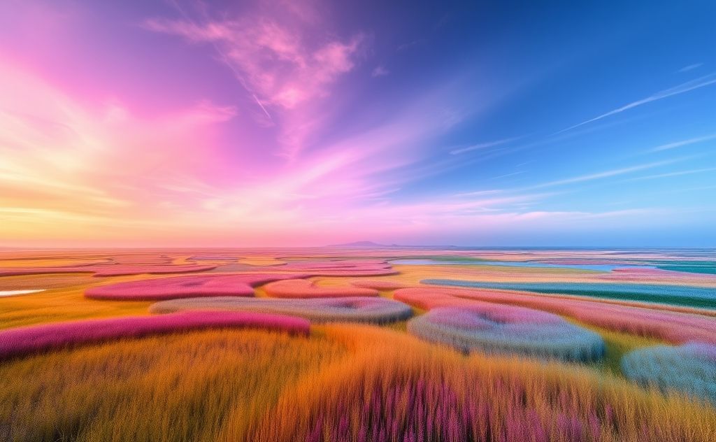 A vibrant spectrum of colors blending in a tranquil landscape.