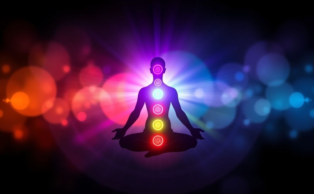 A vibrant spectrum of colors radiating from seven chakras.