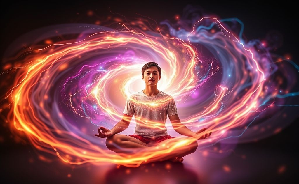 A vibrant spiral of energy radiating from a meditative figure.