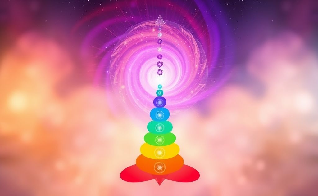 A vibrant spiral of energy rising through a chakra system.