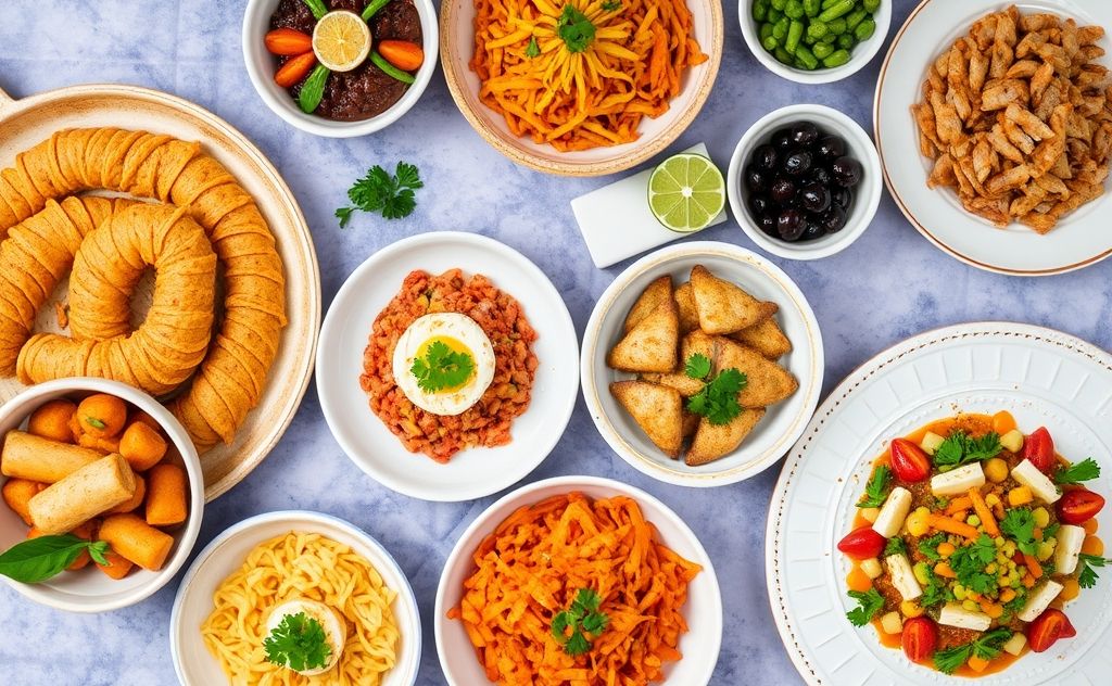 A vibrant spread of colorful dishes inspired by chakra energy.