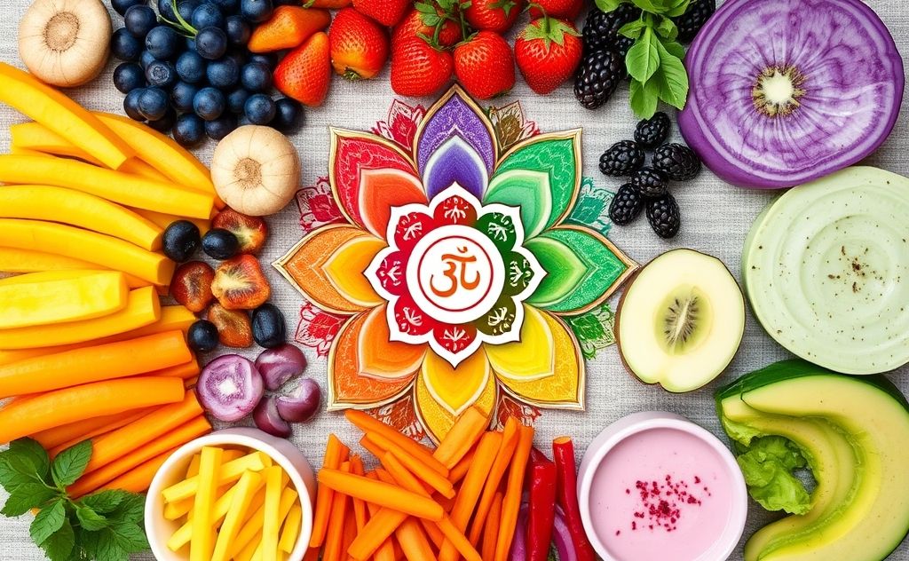 A vibrant spread of colorful foods representing each chakra.