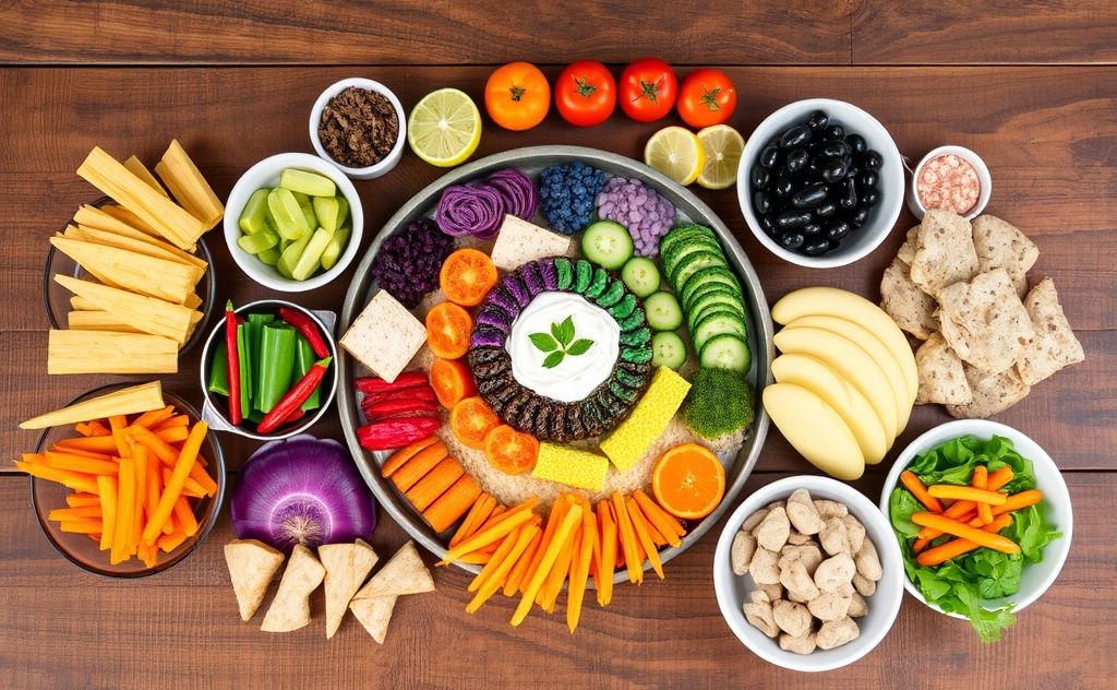 A vibrant spread of colorful, chakra-inspired foods on a wooden table.