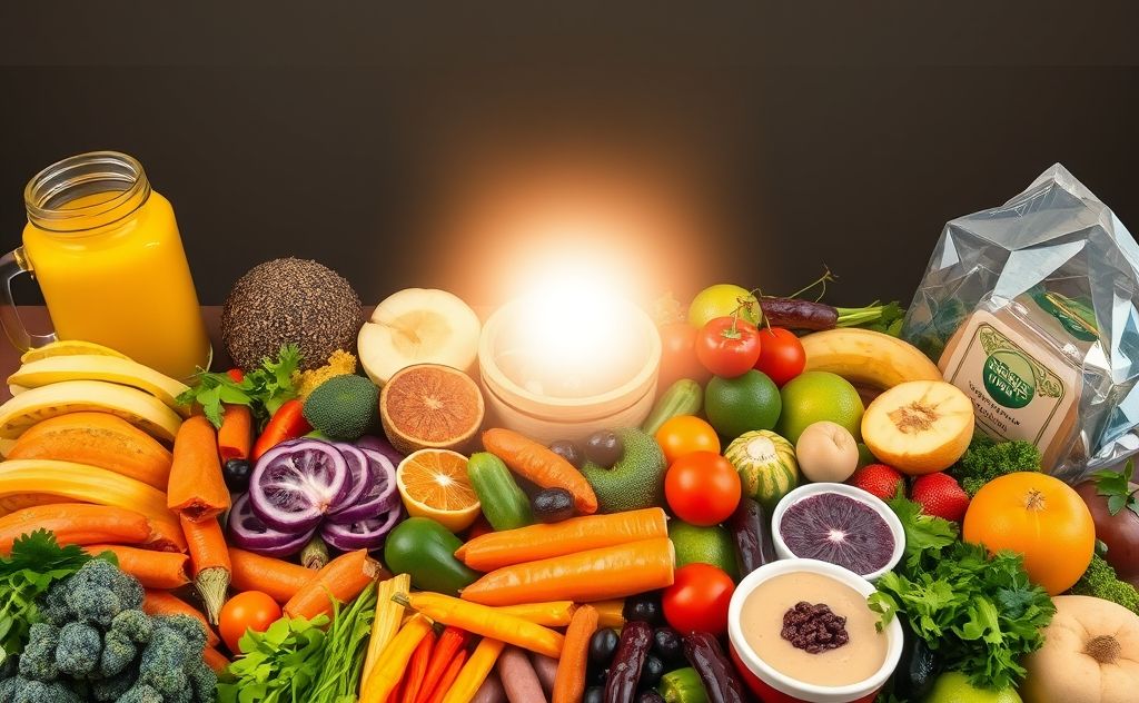 A vibrant spread of fresh, organic foods surrounding a glowing crown chakra.