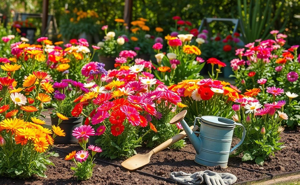 A vibrant spring garden with fresh blooms and gardening tools.
