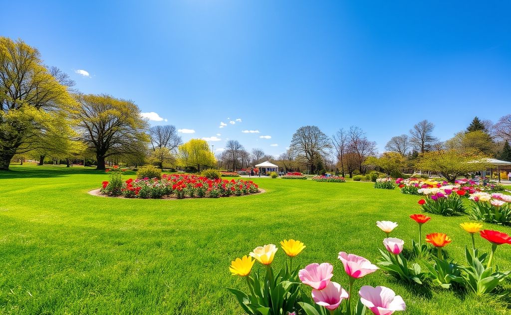 A vibrant spring scene with clean carpets and blooming flowers.
