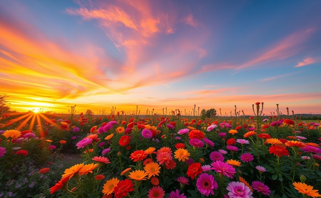 A vibrant sunrise over a blooming garden filled with colorful flowers.
