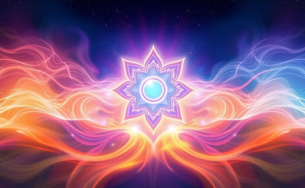 A vibrant throat chakra symbol surrounded by flowing energy waves.