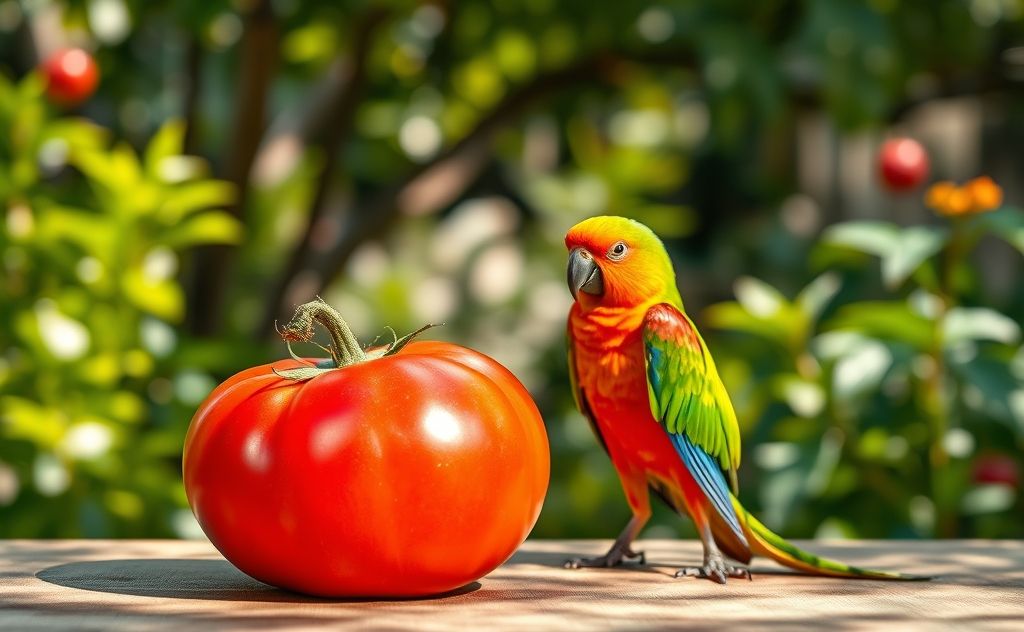 A vibrant tomato with a parrot perched beside it.
