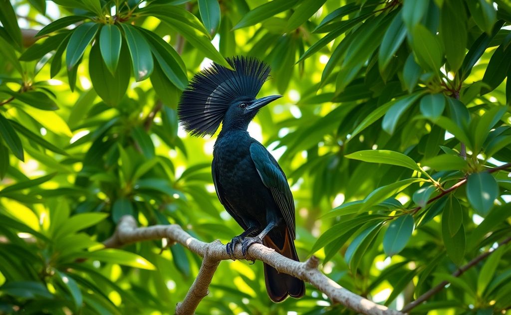 A vibrant umbrellabird perched under lush green foliage.