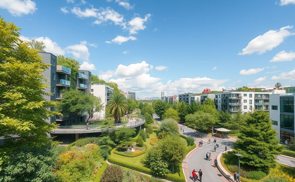 A vibrant urban landscape with greenery and nature integrated.