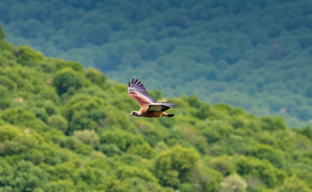 A vibrant vulture soaring over a lush green landscape.
