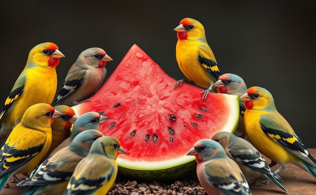 A vibrant watermelon slice surrounded by colorful finches.