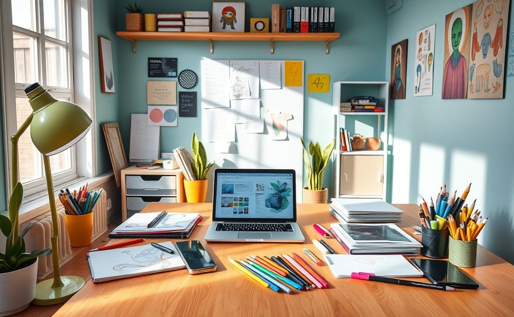 A vibrant workspace with a laptop and creative tools for AI content.