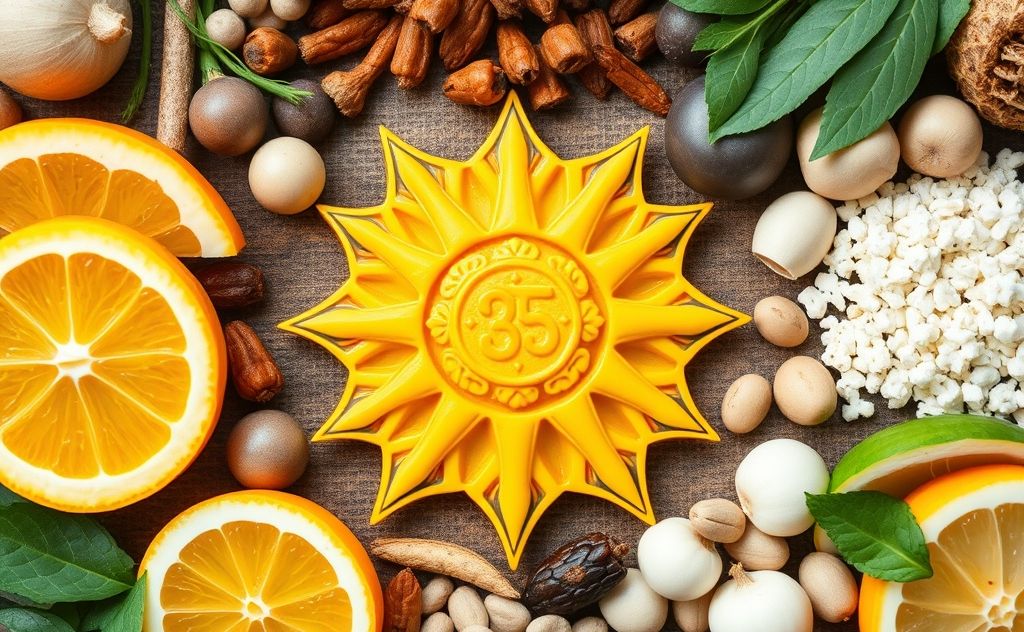 A vibrant yellow solar plexus chakra symbol surrounded by essential nutrients.