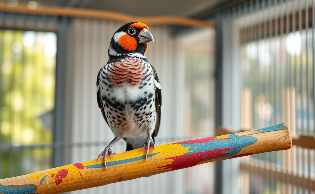 A vibrant zebra finch perched on a colorful branch in a cage.