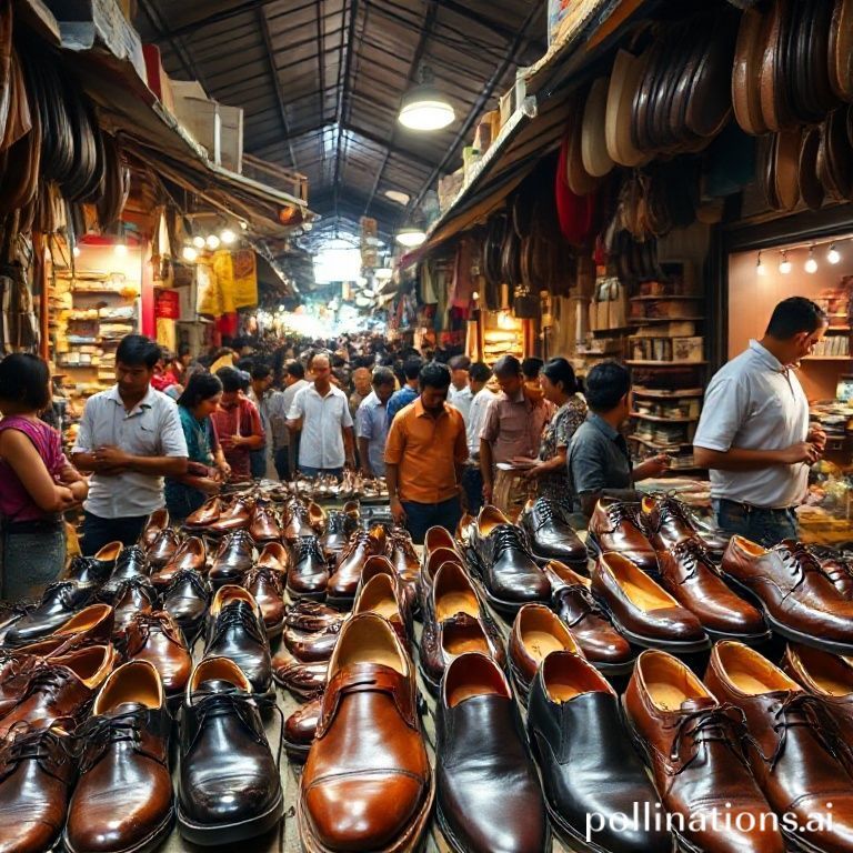 A vibrant, bustling traditional Indonesian market street, specifically 'Cibaduyut' known for its leather shoes. Numerous people are seen browsing and interacting with vendors selling a wide variety of handmade leather shoes. The foreground features detailed, high-quality leather shoes (men's and women's styles) on display, showcasing rich textures of various leathers. In the background, there are glimpses of small workshops or storefronts with shoemakers working. The lighting is warm and inviting, capturing the energetic and authentic atmosphere, emphasizing craftsmanship and local pride.