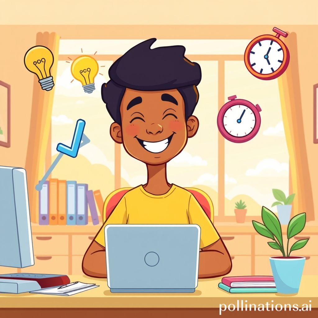 A vibrant, cheerful cartoon image showing a person (could be male or female, diverse) at a tidy, organized desk. The person has a happy, focused expression and is surrounded by floating positive icons like a lightbulb, a checkmark, a clock, and a small plant. There are no distracting elements like a phone or social media icons. The background is bright and inviting, perhaps with a window showing a sunny sky. The overall feeling is one of calm productivity and achievement.